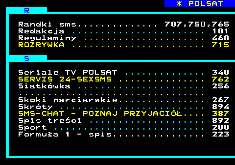 102.5 * POLSAT R Randki sms.............. 707,750,765 Redakcja ....................... 101 Regulaminy ..................... 460 ROZRYWKA ....................... 715 S Seriale TV POLSAT .............. 340 SERVIS 24-SEXSMS ............... 762 Siatkwka ...................... 256 ................................ Skoki narciarskie............... 267 Skrty ......................... 894 SMS-CHAT - POZNAJ PRZYJACIӣ.... 387 Spis treci .................... 892 Sport .......................... 200 Formua 1 - spis................ 223