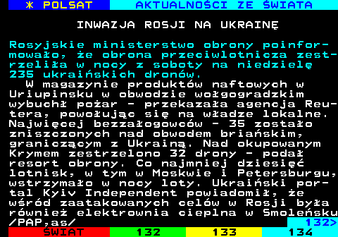 131.1 * POLSAT AKTUALNOCI ZE WIATA INWAZJA ROSJI NA UKRAIN Drony dalekiego zasigu Centrum Opera- cji Specjalnych  Alfa  Suby Bezpie- czestwa Ukrainy (SBU) zaatakoway rosyjsk platform naftowo-gazow na Morzu Kaspijskim, nalec do spki ukoil-Niniewosknieft. W wyniku tej operacji wstrzymano tam wydobycie ropy i gazu - poinformowao w czwartek agencj Interfax-Ukraina rdo w SBU. Odnotowano co najmniej cztery trafienia w platform morsk. W wyniku ataku wstrzymano wydobycie ropy i gazu z ponad 20 odwiertw. rda w SBU zaznaczyy, e byo to pierwsze uderzenie Ukrainy w infrastruktur Rosji zwizan z wydobyciem ropy naftowej na Morzu Kaspijskim. PAP,as 132 