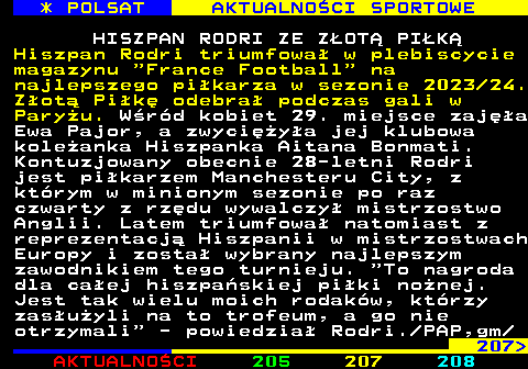 206.1 * POLSAT AKTUALNOCI SPORTOWE HISZPAN RODRI ZE ZOT PIK Hiszpan Rodri triumfowa w plebiscycie magazynu  France Football  na najlepszego pikarza w sezonie 2023 24. Zot Pik odebra podczas gali w Paryu. Wrd kobiet 29. miejsce zaja Ewa Pajor, a zwyciya jej klubowa koleanka Hiszpanka Aitana Bonmati. Kontuzjowany obecnie 28-letni Rodri jest pikarzem Manchesteru City, z ktrym w minionym sezonie po raz czwarty z rzdu wywalczy mistrzostwo Anglii. Latem triumfowa natomiast z reprezentacj Hiszpanii w mistrzostwach Europy i zosta wybrany najlepszym zawodnikiem tego turnieju.  To nagroda dla caej hiszpaskiej piki nonej. Jest tak wielu moich rodakw, ktrzy zasuyli na to trofeum, a go nie otrzymali  - powiedzia Rodri. PAP,gm 207 