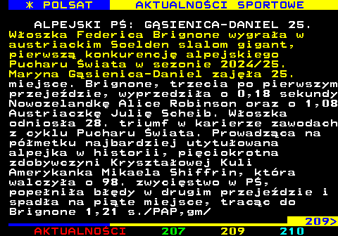 208.1 * POLSAT AKTUALNOCI SPORTOWE ALPEJSKI P: GSIENICA-DANIEL 25. Woszka Federica Brignone wygraa w austriackim Soelden slalom gigant, pierwsz konkurencj alpejskiego Pucharu wiata w sezonie 2024 25. Maryna Gsienica-Daniel zaja 25. miejsce. Brignone, trzecia po pierwszym przejedzie, wyprzedzia o 0,18 sekundy Nowozelandk Alice Robinson oraz o 1,08 Austriaczk Juli Scheib. Woszka odniosa 28. triumf w karierze zawodach z cyklu Pucharu wiata. Prowadzca na pmetku najbardziej utytuowana alpejka w historii, piciokrotna zdobywczyni Krysztaowej Kuli Amerykanka Mikaela Shiffrin, ktra walczya o 98. zwycistwo w P, popenia bdy w drugim przejedzie i spada na pite miejsce, tracc do Brignone 1,21 s. PAP,gm 209 