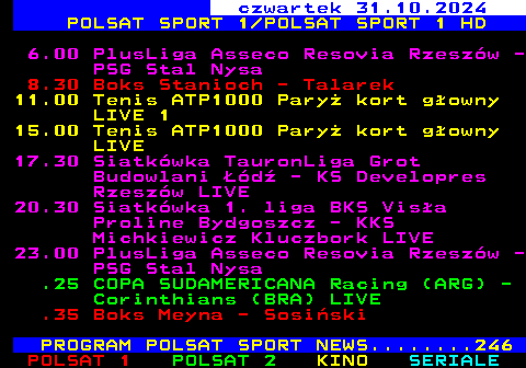 221.1 roda 30.10.2024 POLSAT SPORT 1 POLSAT SPORT 1 HD 6.00 PlusLiga ZAKSA Kdzierzyn Kole - NOWAK Mosty MKS Bedzin 9.00 Magazyn Polsat Futbol Cast LIVE 10.00 Boks Meyna - Twardowski 2023 11.00 Tenis ATP1000 Pary kort gowny LIVE 13.00 ATP1000 Pary kort gwny LIVE 15.00 ATP1000 Pary kort gwny LIVE 17.30 PlusLiga Asseco Resovia Rzeszw - PSG Stal Nysa LIVE 20.20 Superliga MKS URBIS Gniezno -KPR Ruch Chorzw LIVE 22.55 COPA SUDAMERICANA Lans (ARG) - Cruzeiro (BRA) LIVE 1.25 COPA LIBERTADORES Pearol (URU) - Botafogo (BRA) LIVE 3.35 Boks Lodzik - Dbrowski 2023 PROGRAM POLSAT SPORT NEWS........246