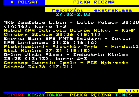 257.3 * POLSAT PI�KA R�CZNA M�czy�ni - ekstraklasa 27.02-2.03 MKS Zag��bie Lubin - Lotto Pu�awy 30:30 (14:16), karne 1-3 Rebud KPR Ostrovia Ostr�w Wlkp. - KGHM Chrobry G�og�w 30:26 (15:11) Energa Bank BPS MMTS Kwidzyn - Zepter KPR Legionowo 31:26 (16:14) Piotrkowianin Piotrk�w Tryb. - Handball Stal Mielec 27:31 (15:15) Orlen Wis�a P�ock - Industria Kielce 28:28 (13:13), karne 4-3 Corotop Gwardia Opole - PGE Wybrze�e Gda�sk 34:36 (17:21)     