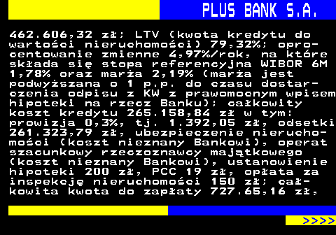 819.3 PLUS BANK S.A. 462.606,32 z; LTV (kwota kredytu do wartoci nieruchomoci) 79,32%; opro- centowanie zmienne 4,97% rok, na ktre skada si stopa referencyjna WIBOR 6M 1,78% oraz mara 2,19% (mara jest podwyszana o 1 p.p. do czasu dostar- czenia odpisu z KW z prawomocnym wpisem hipoteki na rzecz Banku); cakowity koszt kredytu 265.158,84 z w tym: prowizja 0,3%, tj. 1.392,05 z, odsetki 261.323,79 z, ubezpieczenie nierucho- moci (koszt nieznany Bankowi), operat szacunkowy rzeczoznawcy majtkowego (koszt nieznany Bankowi), ustanowienie hipoteki 200 z, PCC 19 z, opata za inspekcj nieruchomoci 150 z; ca- kowita kwota do zapaty 727.65,16 z,     