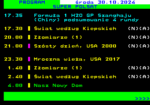 846.2 PROGRAM roda 30.10.2024 SUPER POLSAT 17.35 Formua 1 H2O GP Szanghaju (Chiny) podsumowanie 4 rundy 17.30 wiat wedug Kiepskich (N)(A) 20.00 Zomiarze (1) (N)(A) 21.00 Szsty dzie, USA 2000 (N)(A) 23.30 Mroczna wiea, USA 2017 1.40 Zomiarze (1) (N)(A) 2.40 wiat wedug Kiepskich (N)(A) 4.00 Nasz Nowy Dom     