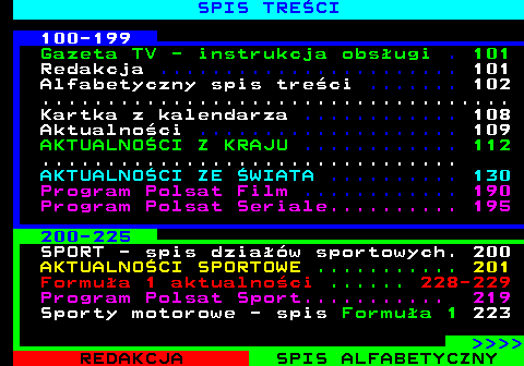 892.1 SPIS TRE�CI 100-199 Gazeta TV - instrukcja obs�ugi . 101 Redakcja ....................... 101 Alfabetyczny spis tre�ci ....... 102 .................................... Kartka z kalendarza ............ 108 Aktualno�ci .................... 109 AKTUALNO�CI Z KRAJU ............ 112 ................................ AKTUALNO�CI ZE �WIATA .......... 130 Program Polsat Film ............ 190 Program Polsat Seriale.......... 195 200-225 SPORT - spis dzia��w sportowych. 200 AKTUALNO�CI SPORTOWE ........... 201 Formu�a 1 aktualno�ci ...... 228-229 Program Polsat Sport........... 219 Sporty motorowe - spis Formu�a 1 223     