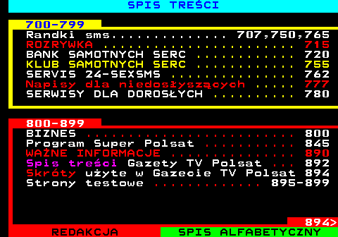 892.5 SPIS TRE�CI 700-799 Randki sms.............. 707,750,765 ROZRYWKA ....................... 715 BANK SAMOTNYCH SERC ............ 720 KLUB SAMOTNYCH SERC ............ 755 SERVIS 24-SEXSMS ............... 762 Napisy dla niedos�ysz�cych ..... 777 SERWISY DLA DOROS�YCH .......... 780 800-899 BIZNES ......................... 800 Program Super Polsat ........... 845 WA�NE INFORMACJE ............... 890 Spis tre�ci Gazety TV Polsat ... 892 Skr�ty u�yte w Gazecie TV Polsat 894 Strony testowe ............. 895-899 894 